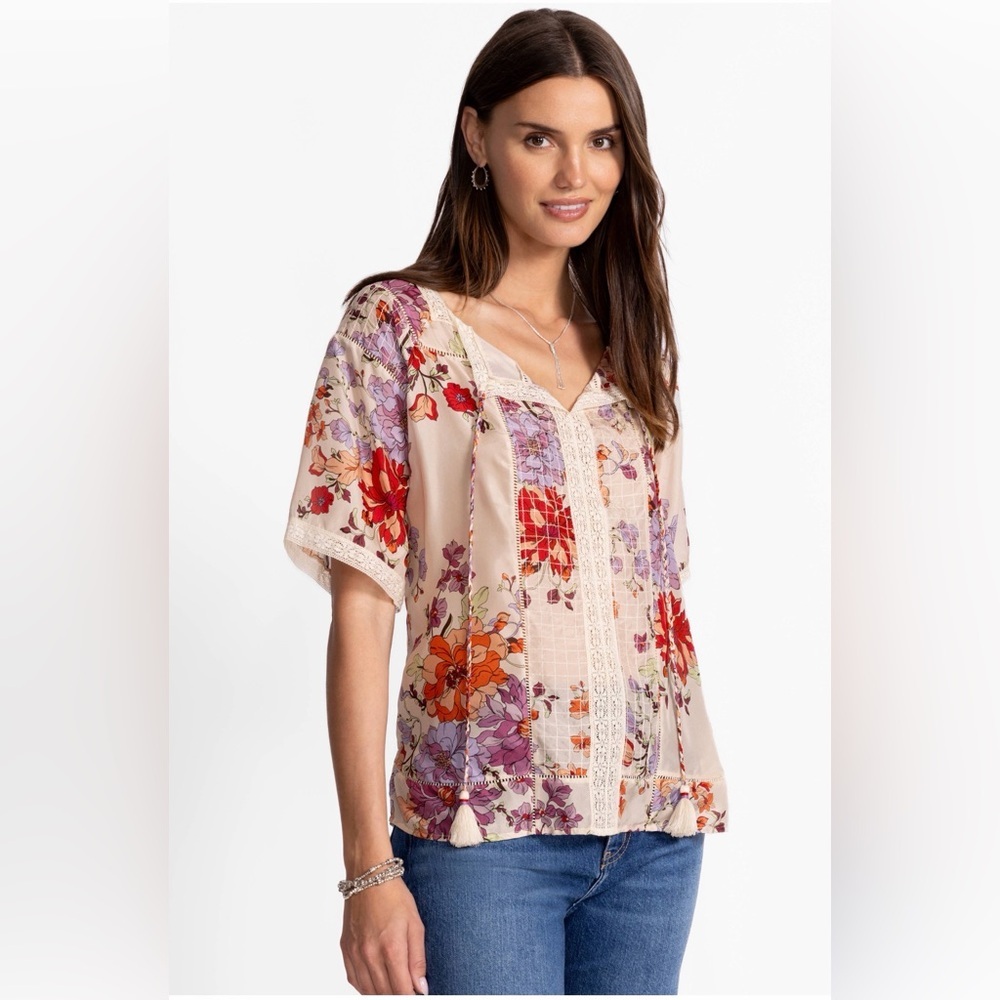 JOHNNY WAS SONIA LACE BLOUSE Silk FLORAL Vines of Morning Glory NWT Size Small